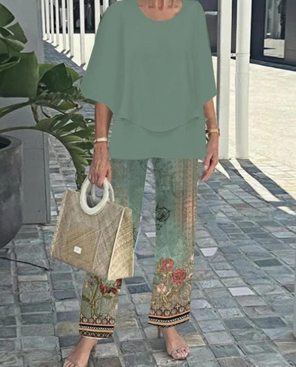 Lunvra Grey Round Neck Two Piece Set