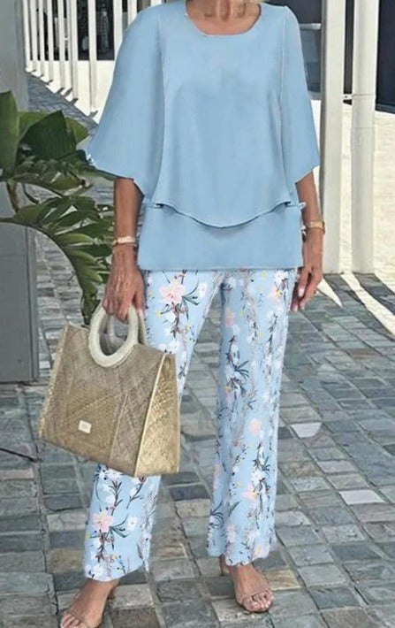 Lunvra Grey Round Neck Two Piece Set