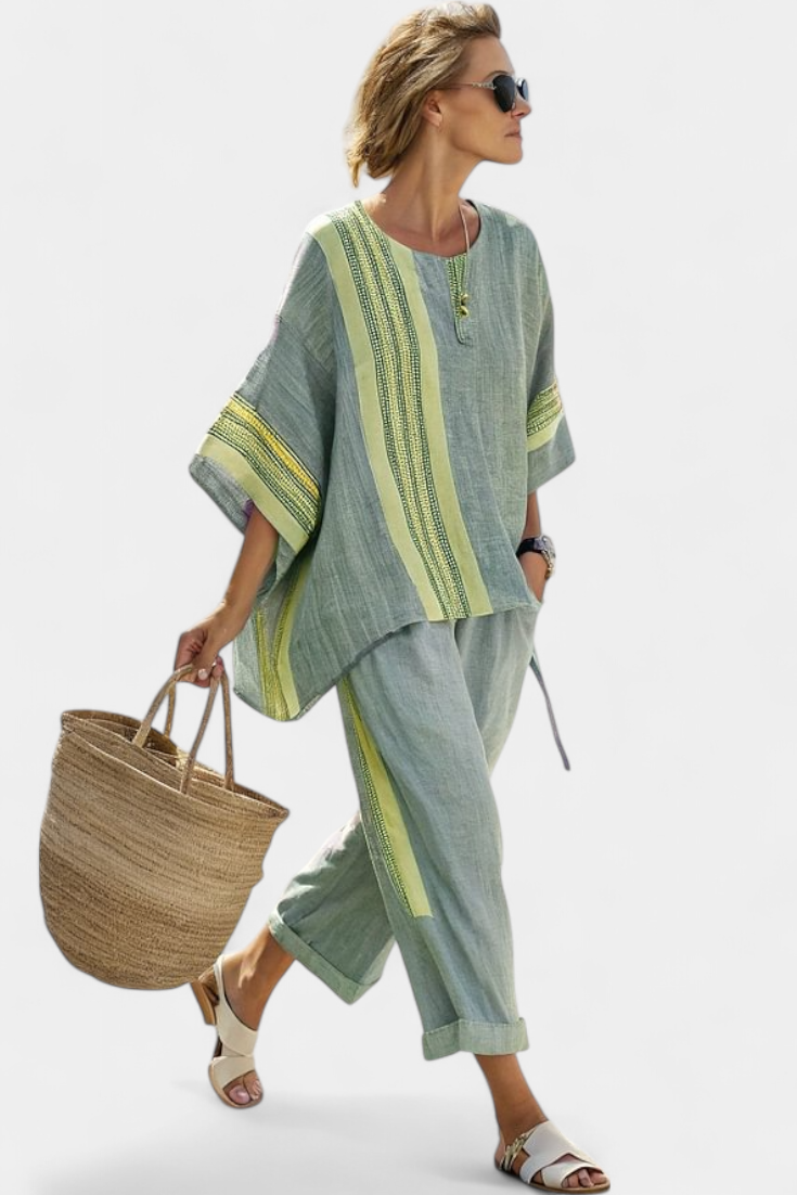 Anne Enchanting Lavender Bamboo Linen Set with Yellow Striped Accents