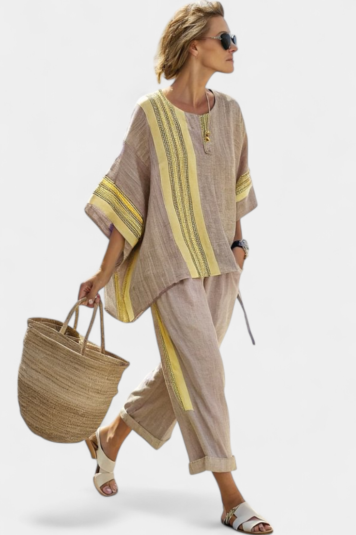 Anne Enchanting Lavender Bamboo Linen Set with Yellow Striped Accents