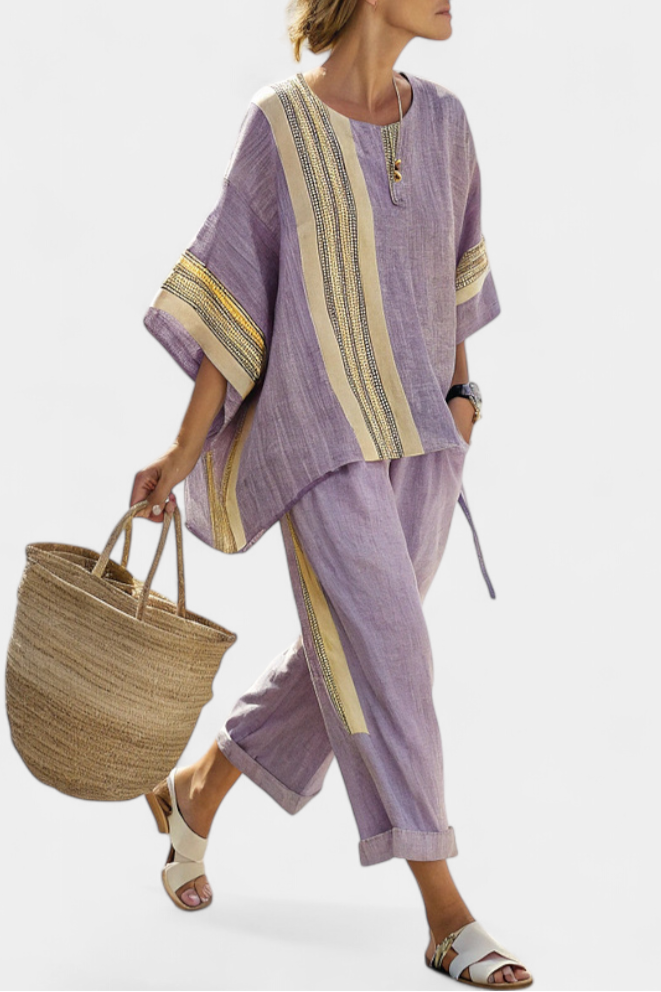 Anne Enchanting Lavender Bamboo Linen Set with Yellow Striped Accents