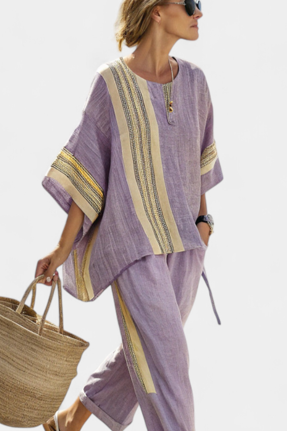Anne Enchanting Lavender Bamboo Linen Set with Yellow Striped Accents