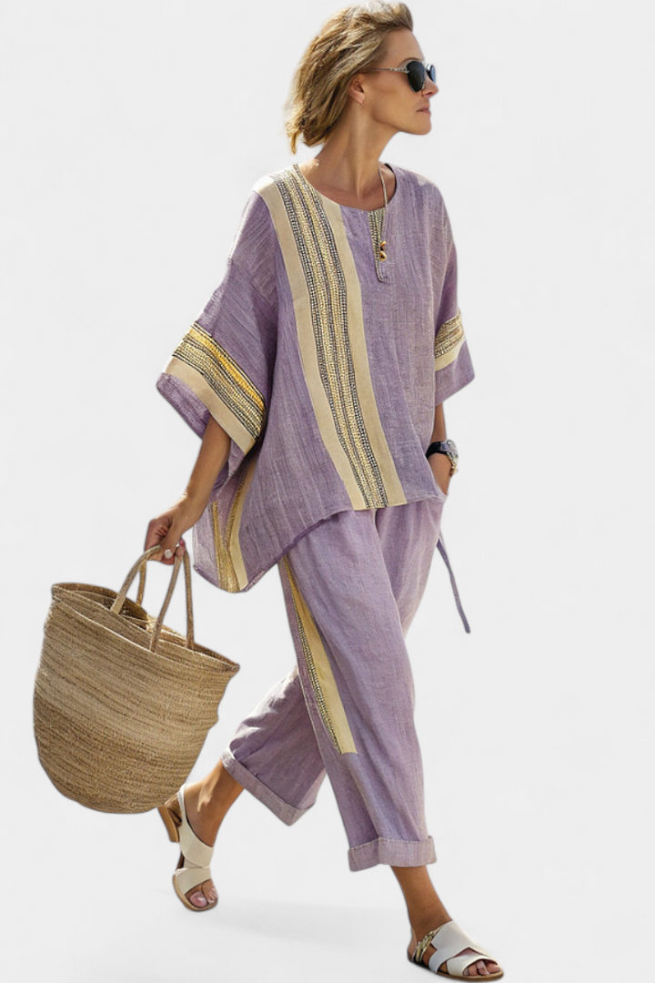 Anne Enchanting Lavender Bamboo Linen Set with Yellow Striped Accents
