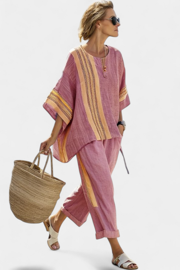 Anne Enchanting Lavender Bamboo Linen Set with Yellow Striped Accents