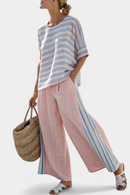 Daisy | Mediterranean Bamboo Collection in Soft Pastel Pink with Chic Blue Stripes