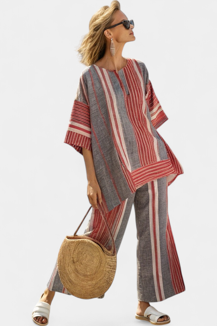 Hyennah  Oversized Daisy Top with Coral and Grey Striped Skirt