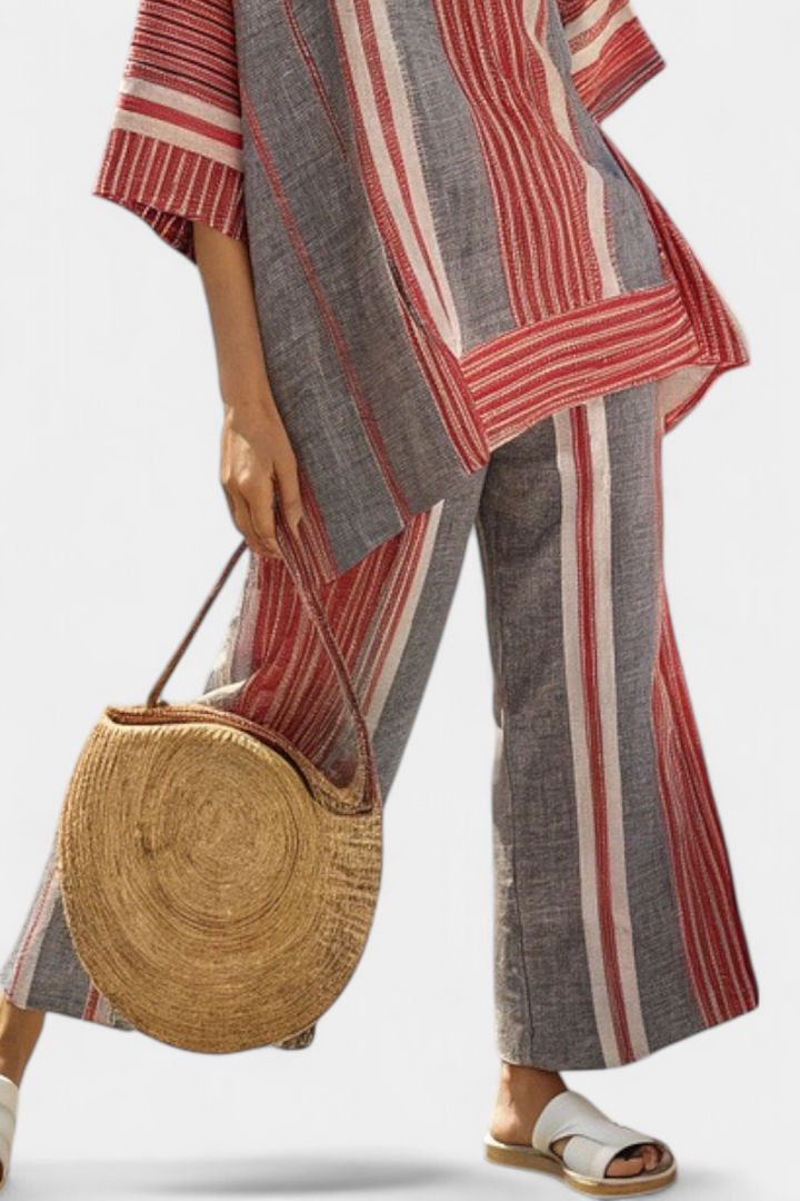 Hyennah  Oversized Daisy Top with Coral and Grey Striped Skirt