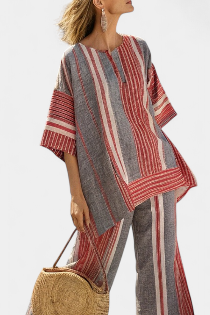 Hyennah  Oversized Daisy Top with Coral and Grey Striped Skirt