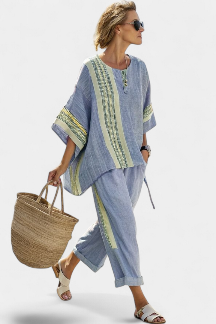 Anne Enchanting Lavender Bamboo Linen Set with Yellow Striped Accents