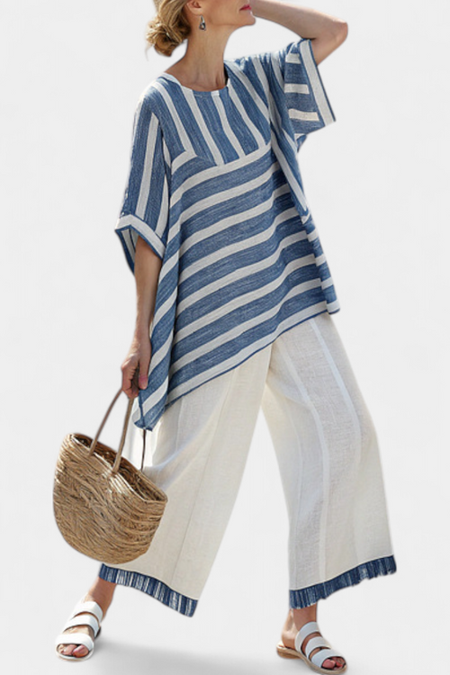 Nerissa Chic Mediterranean Ensemble with Blue Stripes and Hem-Finished Trousers