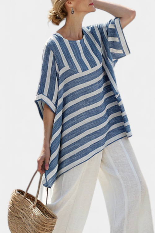 Nerissa Chic Mediterranean Ensemble with Blue Stripes and Hem-Finished Trousers