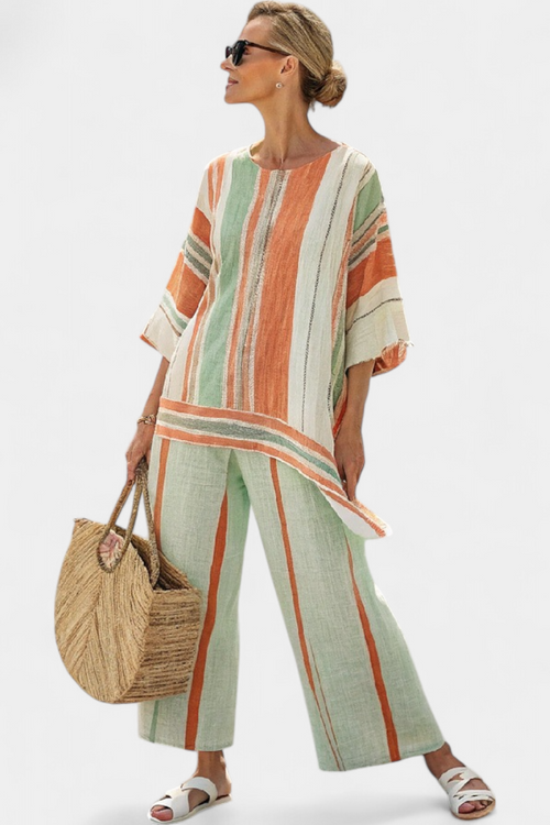 Evelyn Chic Striped Bamboo Ensemble Featuring Asymmetrical Blouse and Wide-Leg Trousers