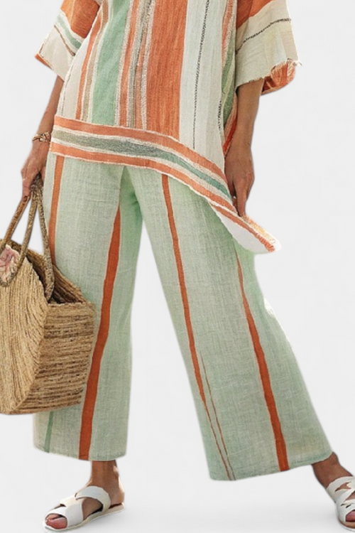 Evelyn Chic Striped Bamboo Ensemble Featuring Asymmetrical Blouse and Wide-Leg Trousers