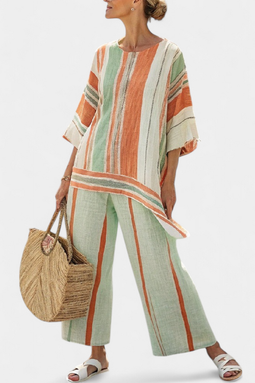 Evelyn Chic Striped Bamboo Ensemble Featuring Asymmetrical Blouse and Wide-Leg Trousers