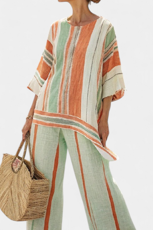Evelyn Chic Striped Bamboo Ensemble Featuring Asymmetrical Blouse and Wide-Leg Trousers