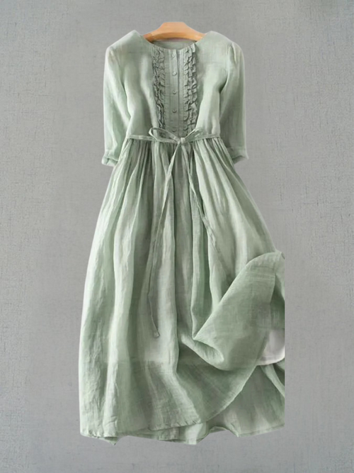 Arya - Women's Retro Art Lace-Up Waist Dress with Round Neck