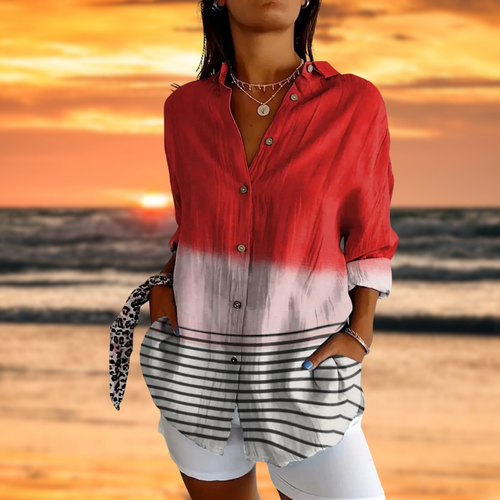 ZARELIA™ | Striped Hem Blouse with Color Gradient Design