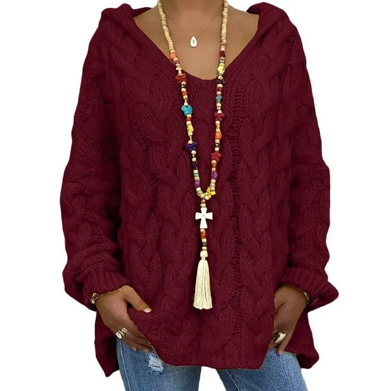 Helena – Women’s Cable Knit Hooded Sweater Pullover