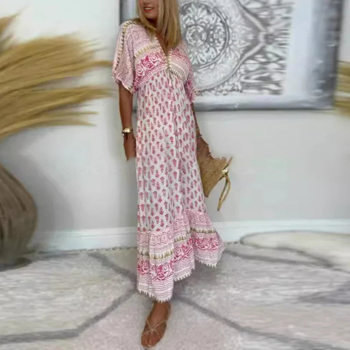 LUNVRA | BOHO V-NECK PRINTED MAXI DRESS