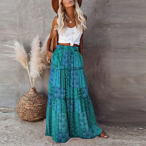 ADELINA – Bohemian Print Elastic Waist Maxi Skirt