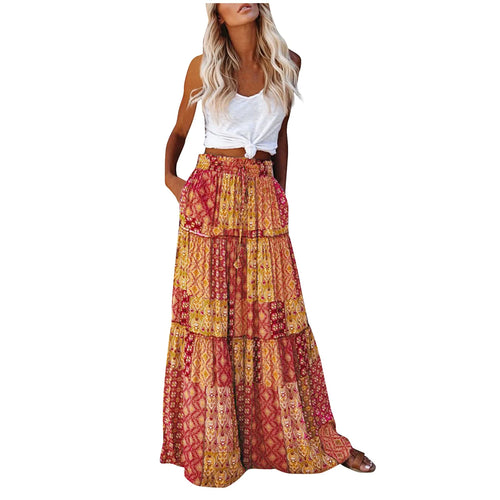 ADELINA – Bohemian Print Elastic Waist Maxi Skirt