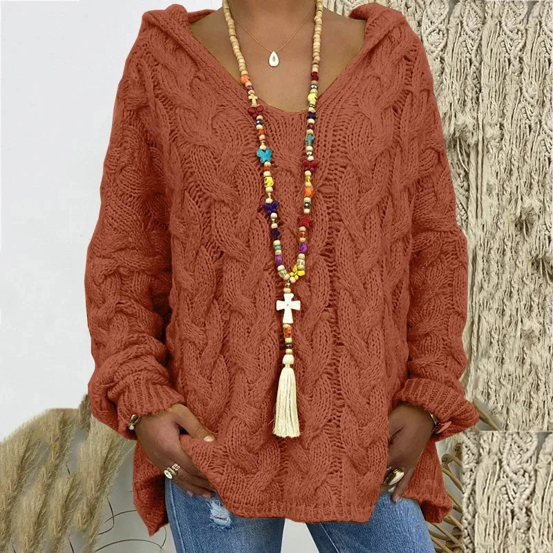 Helena – Women’s Cable Knit Hooded Sweater Pullover