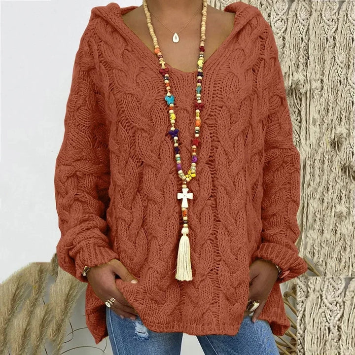Helena – Women’s Cable Knit Hooded Sweater Pullover