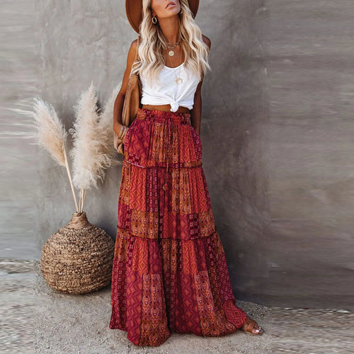 ADELINA – Bohemian Print Elastic Waist Maxi Skirt