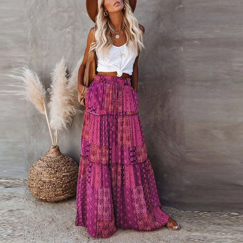 ADELINA – Bohemian Print Elastic Waist Maxi Skirt