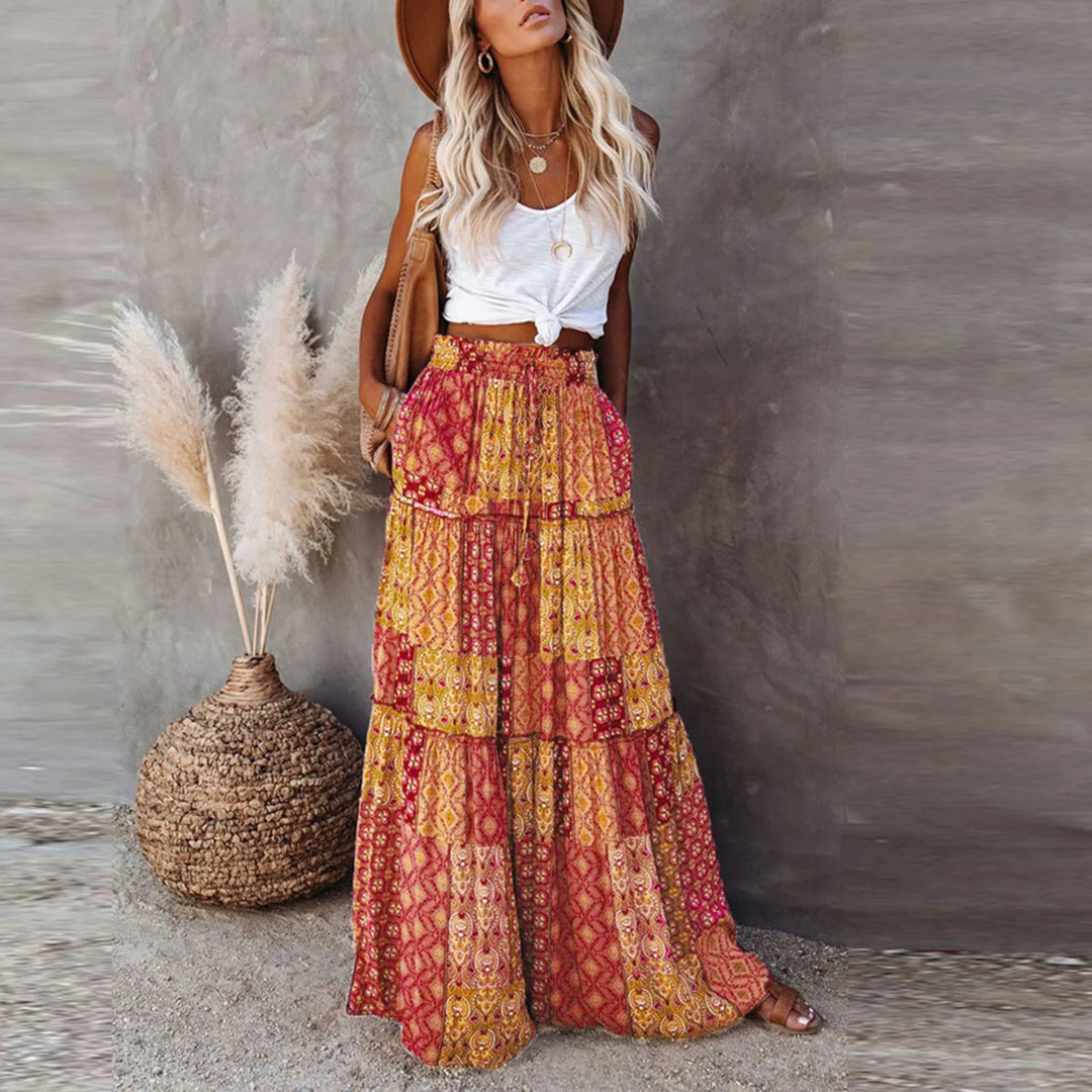 ADELINA – Bohemian Print Elastic Waist Maxi Skirt