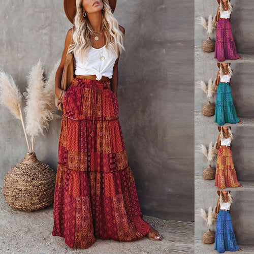 ADELINA – Bohemian Print Elastic Waist Maxi Skirt