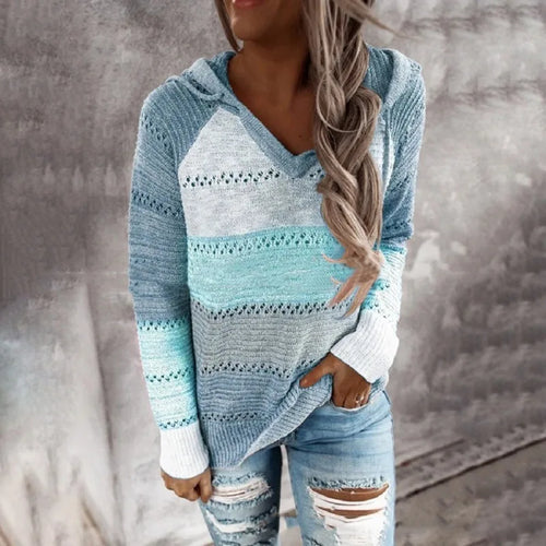 Maribel – Women’s Patchwork Striped Hoodie Sweater Pullover