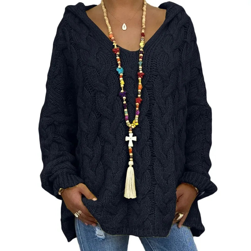 Helena – Women’s Cable Knit Hooded Sweater Pullover