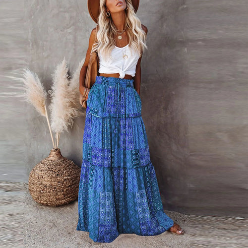 ADELINA – Bohemian Print Elastic Waist Maxi Skirt