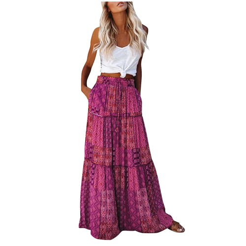 ADELINA – Bohemian Print Elastic Waist Maxi Skirt