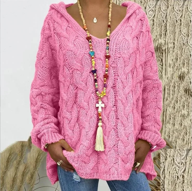 Helena – Women’s Cable Knit Hooded Sweater Pullover