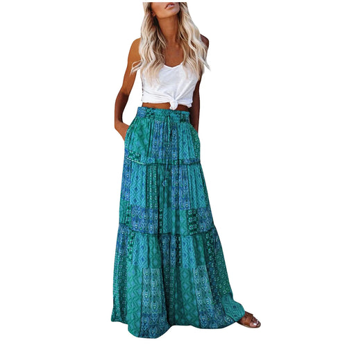 ADELINA – Bohemian Print Elastic Waist Maxi Skirt