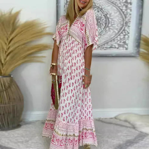 LUNVRA | BOHO V-NECK PRINTED MAXI DRESS