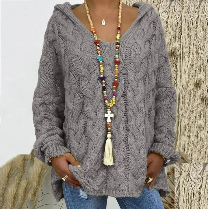Helena – Women’s Cable Knit Hooded Sweater Pullover
