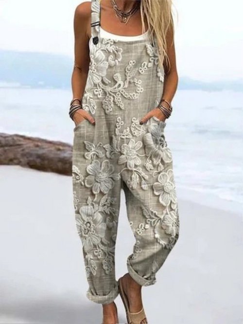 Women's Retro Floral Art Print Casual Wide-Leg Jumpsuit