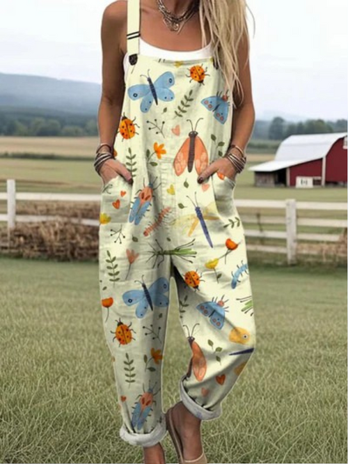Lara | Wide Leg Jumpsuit with Whimsical Insect Pattern Art Print