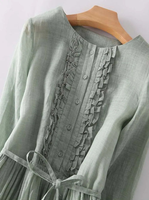 Arya - Women's Retro Art Lace-Up Waist Dress with Round Neck