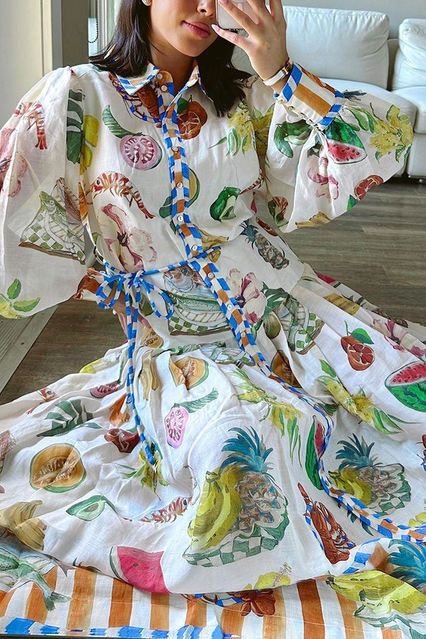 Tropical Fruit Ballooni Sleeve Midi Dress