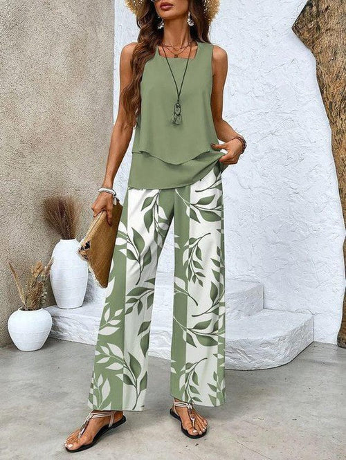 Lunvra Green Plant Print Square Neck Two Piece Set