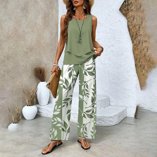 Lunvra Green Plant Print Square Neck Two Piece Set