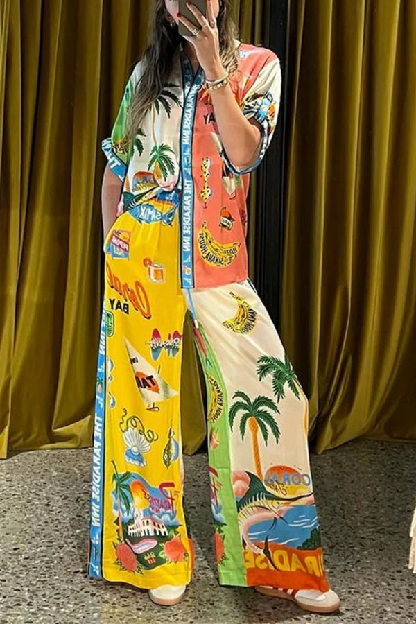 Contrast Color Holiday Print Two-Piece Set
