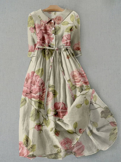 Marley - Retro Floral Print Dress with Lace-Up Waist