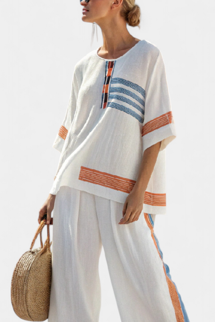 Vivian White Daisy Ethnic Set with Striking Blue and Orange Stripes