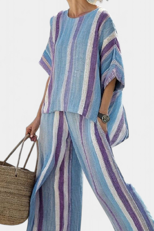 Patricia Chic Mauve and Pastel Blue Daisy Striped Ensemble
