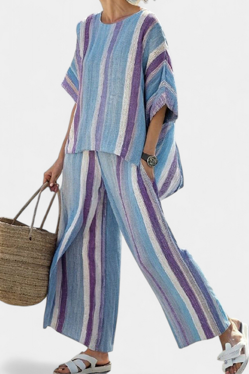 Patricia Chic Mauve and Pastel Blue Daisy Striped Ensemble